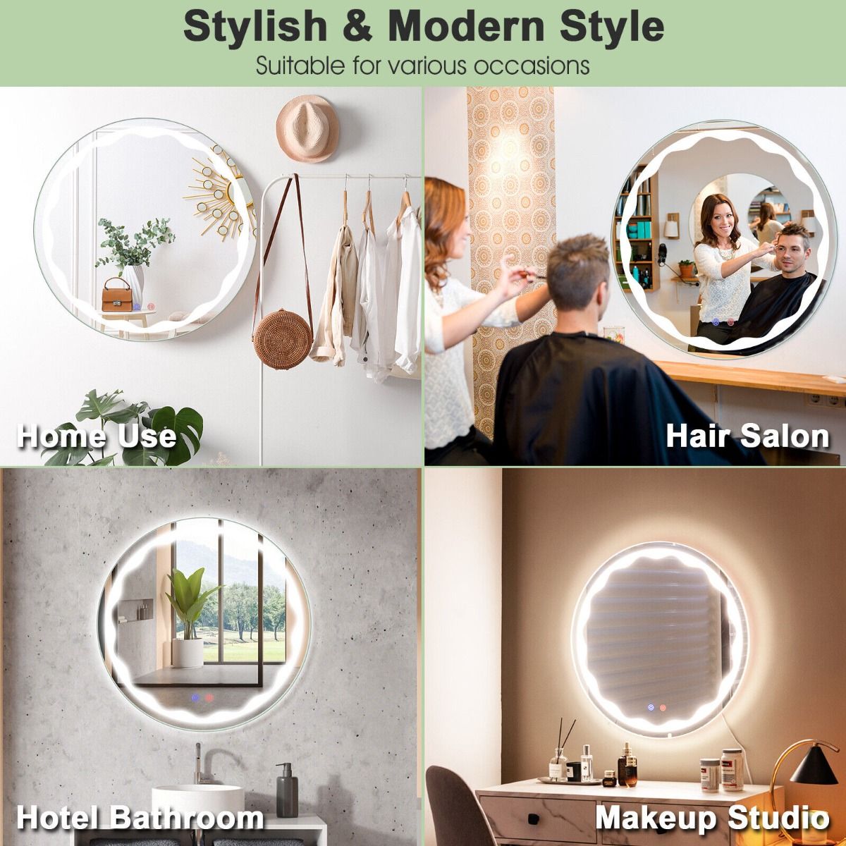 Round Wall-Mounted LED Lighted Bathroom Mirror with Touch Switch